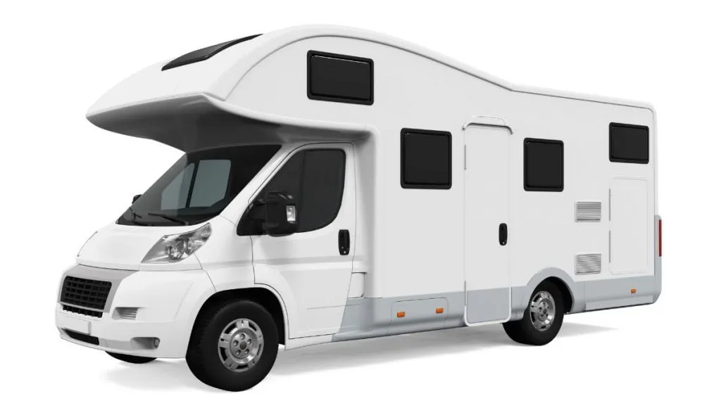 A white coachbuilt motorhome with an over-cab bed and side entry door, photographed from the front three-quarter angle against a plain background