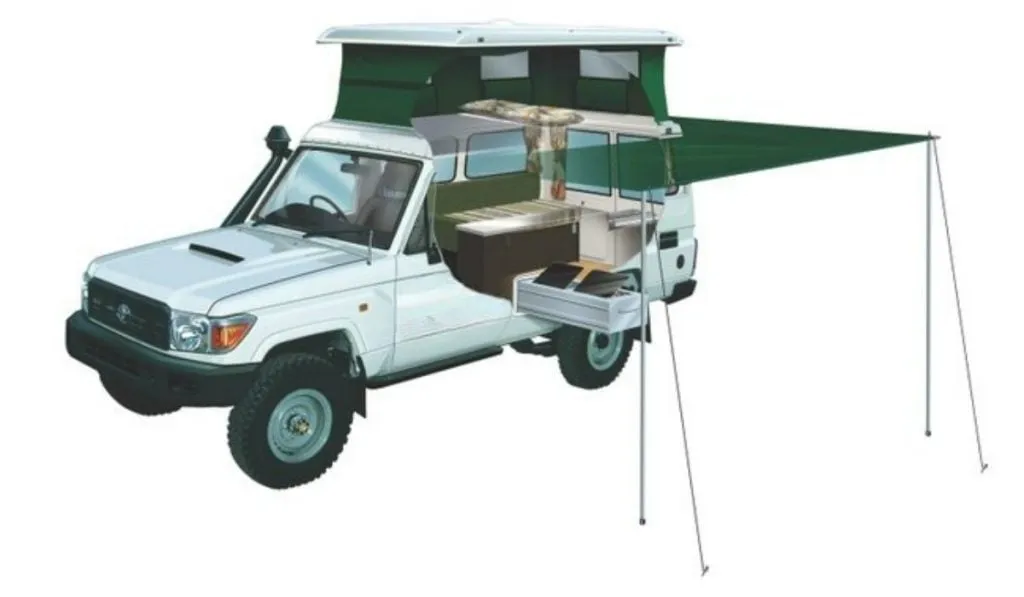 An illustration of a white four-wheel drive ute camper with a raised roof, side awning and a slide-out kitchen