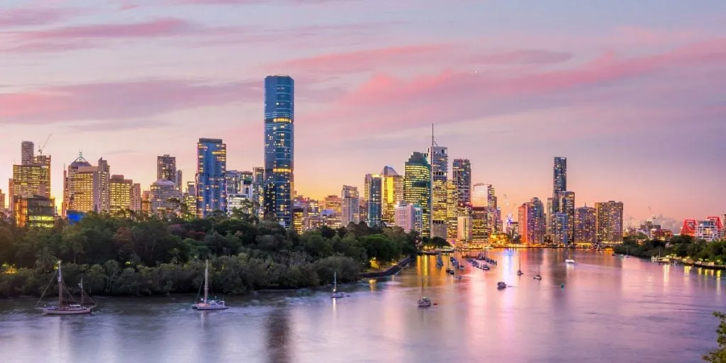 Brisbane city skyline and Brisbane river at twilight in Australia