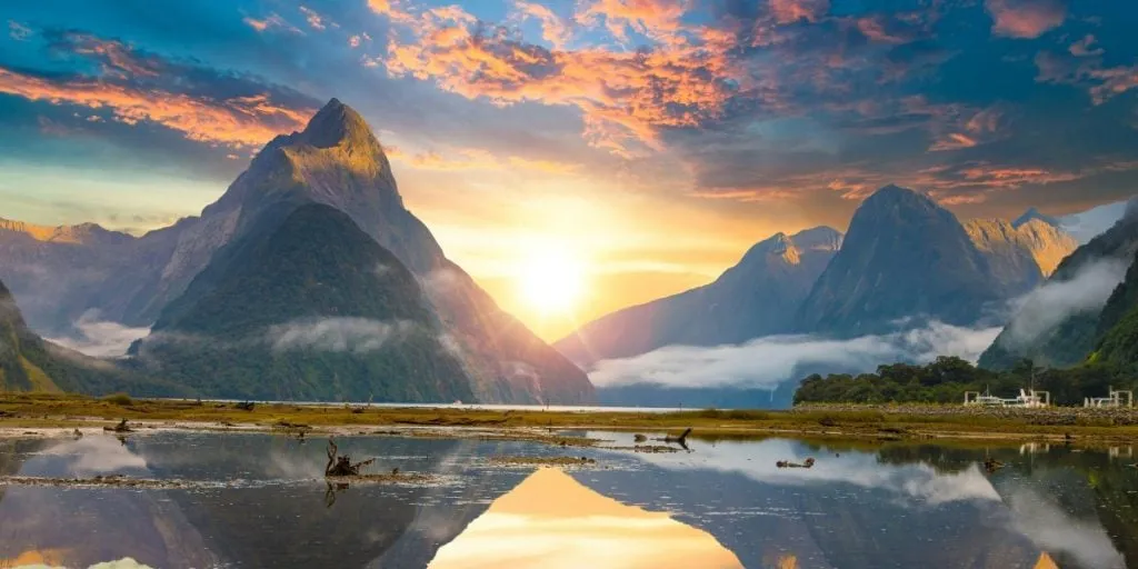 Mitre Peak rising from the Milford Sound fiord in Fiordland National Park, New Zealand