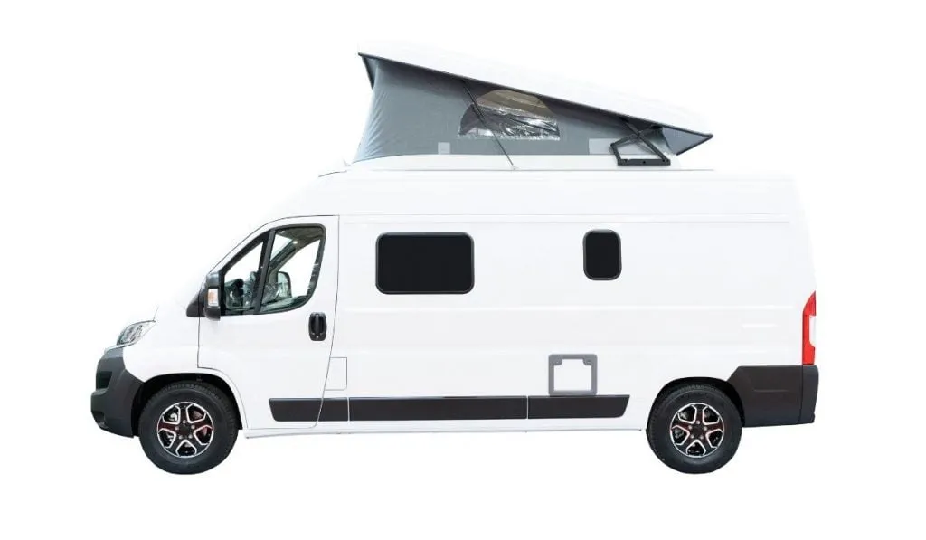A white pop-top campervan with its roof raised to show the canvas sleeping section, seen side-on