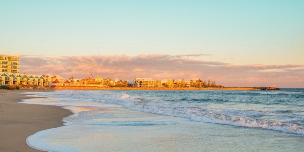 Mandurah skyline and beach view at sunrise, near Perth, Western Australia