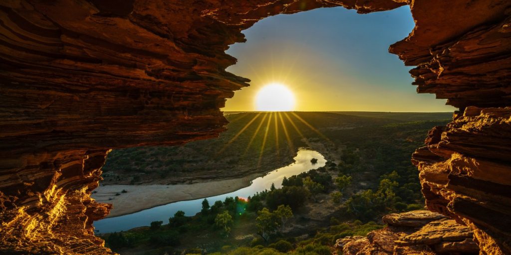 Sunrise at Natures Window in the desert of Kalbarri National Park, Western Australia
